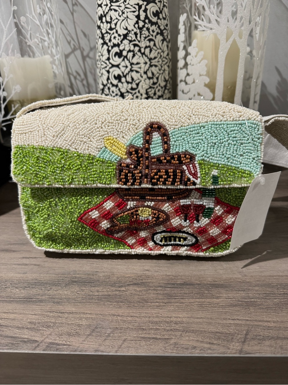 Beaded Picnic Basket Shoulder Bag - Cream, Green, Red